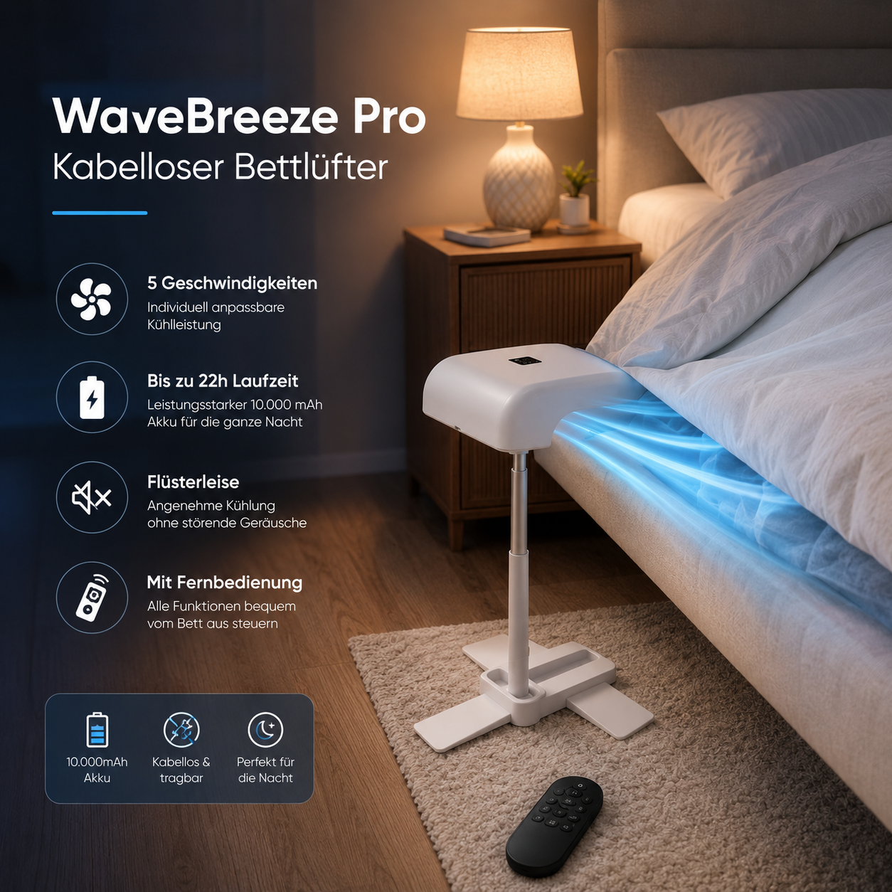 WaveBreeze Pro – Kabelloser Bettlüfter
